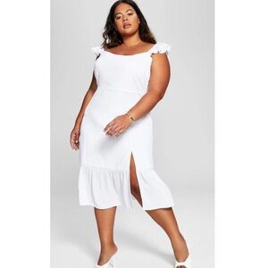 Elegant White Ruffle Sleeve Midi Dress Size L